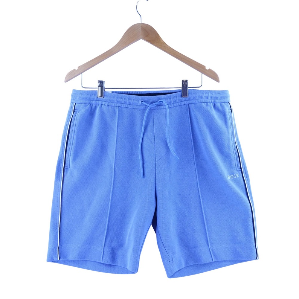 Hugo Boss Men Size XXL Blue Pique Drawstring Sweat Shorts Side Stripe 8in inseam